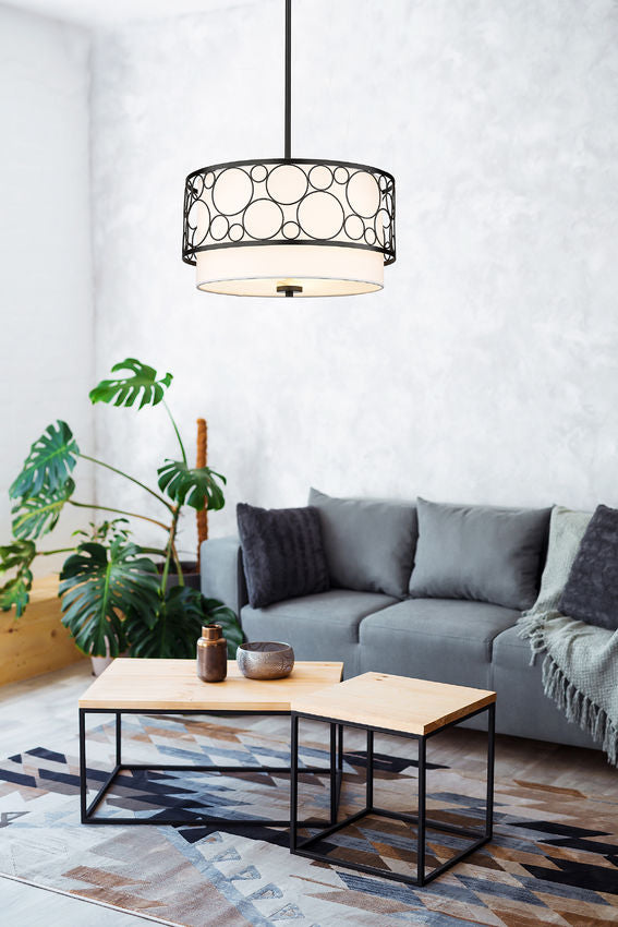 KENDALL luminaire suspendu rond métal noir et abat-jour blanc | Luminaire Plus.ca