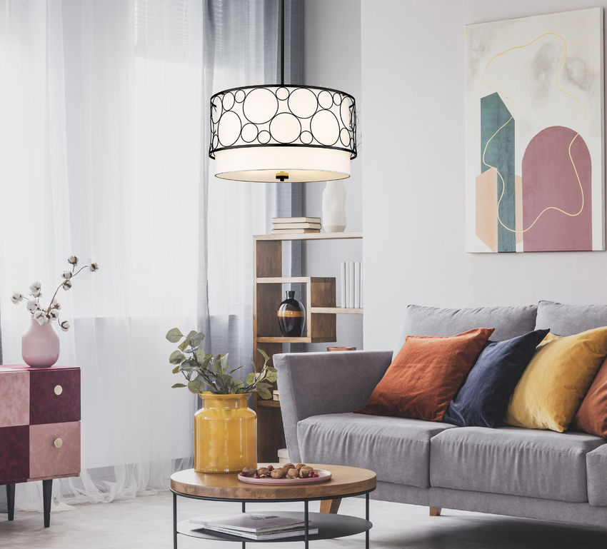 KENDALL luminaire suspendu rond métal noir et abat-jour blanc | Luminaire Plus.ca