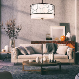 KENDALL luminaire suspendu rond métal noir et abat-jour blanc | Luminaire Plus.ca