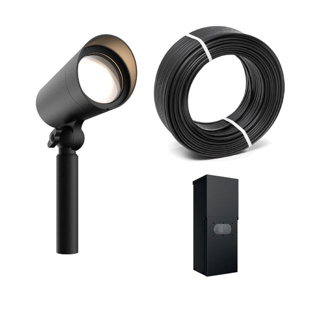 Ens. de luminaire paysager extérieur avec tête pivotante à 180° fini noir inclut transformateur 300W
