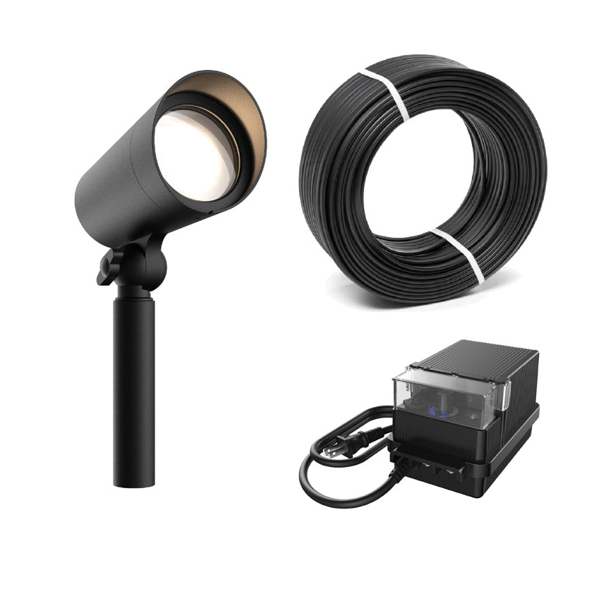 Ens. de luminaire paysager extérieur avec tête pivotante à 180° fini noir inclut transformateur 60W