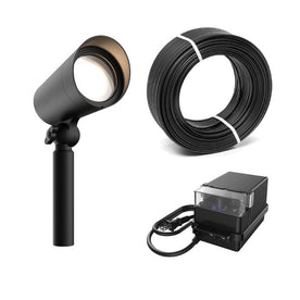 Ens. de luminaire paysager extérieur avec tête pivotante à 180° fini noir inclut transformateur 60W